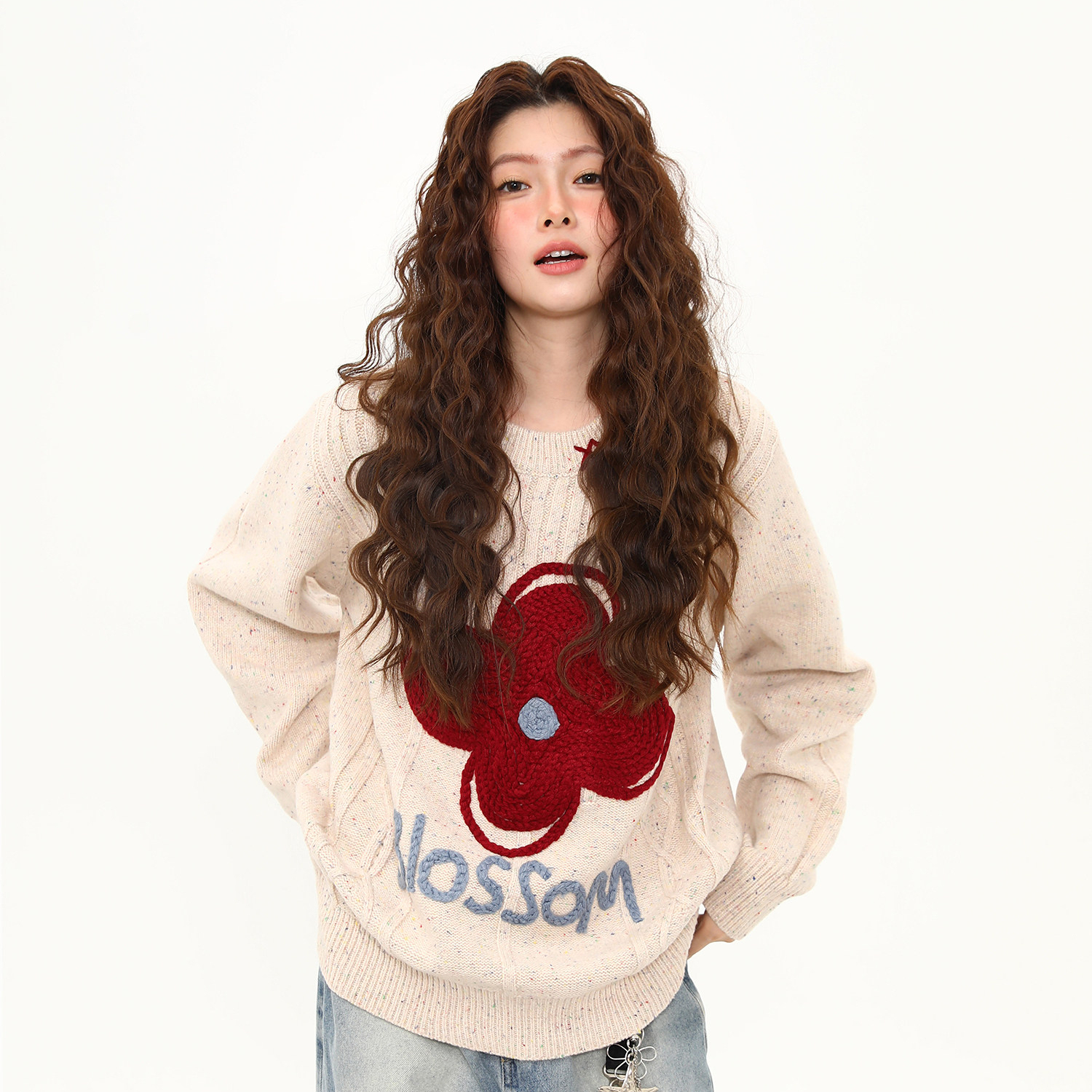秋冬新款美式復古花朵刺繡設計感針織衫毛衣女慵懶風上衣