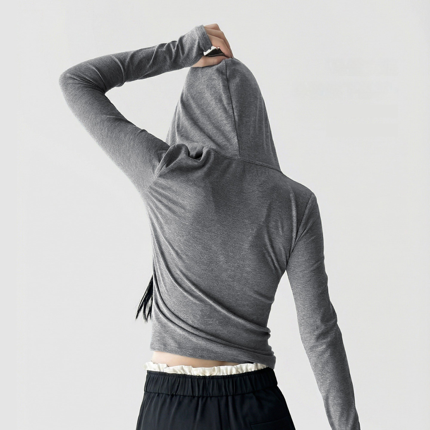 灰色V領連帽半拉鍊衛衣短款修身顯瘦長袖T恤打底衫上衣女士春