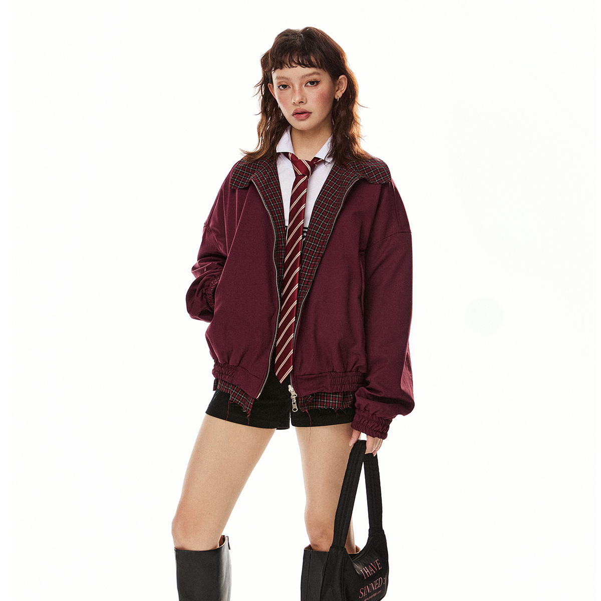 美式復古紅色格子兩面穿外套女早春新款寬鬆翻領工裝夾克上衣