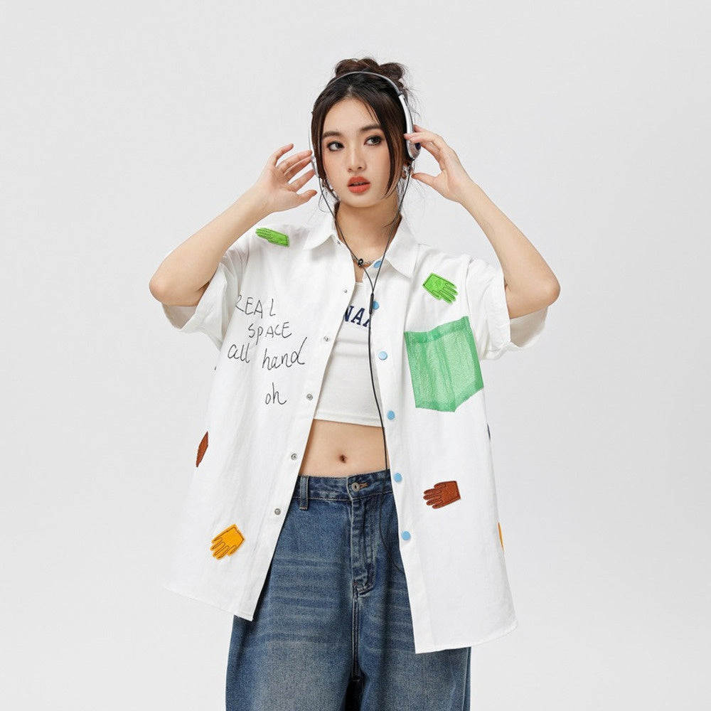 Hold Colour美式潮牌字母刺绣手掌贴布短袖衬衫男女ins潮流bf衬衣