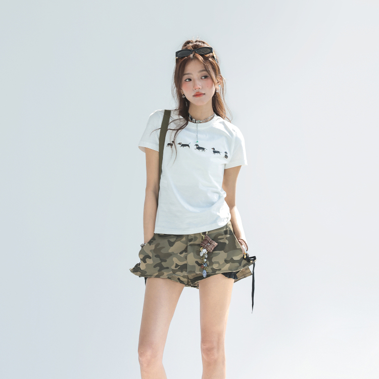 串珠臘腸狗印花純棉短袖正肩女t恤夏季短款修身上衣