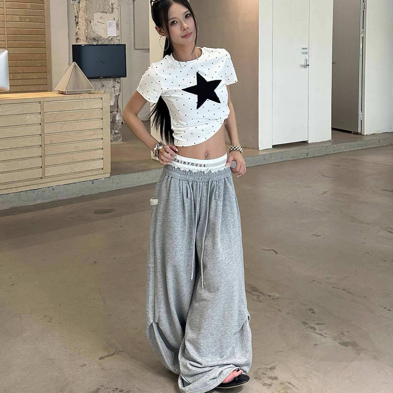 美式街頭爵士舞雙腰頭闊腿衛褲女夏季潮牌嘻哈寬鬆休閒褲