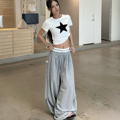 美式街頭爵士舞雙腰頭闊腿衛褲女夏季潮牌嘻哈寬鬆休閒褲