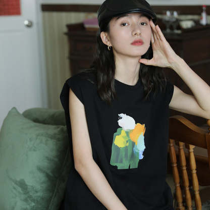 黑色油畫復古港風短袖印花無袖背心T恤女2025年夏季薄款凉快上衣