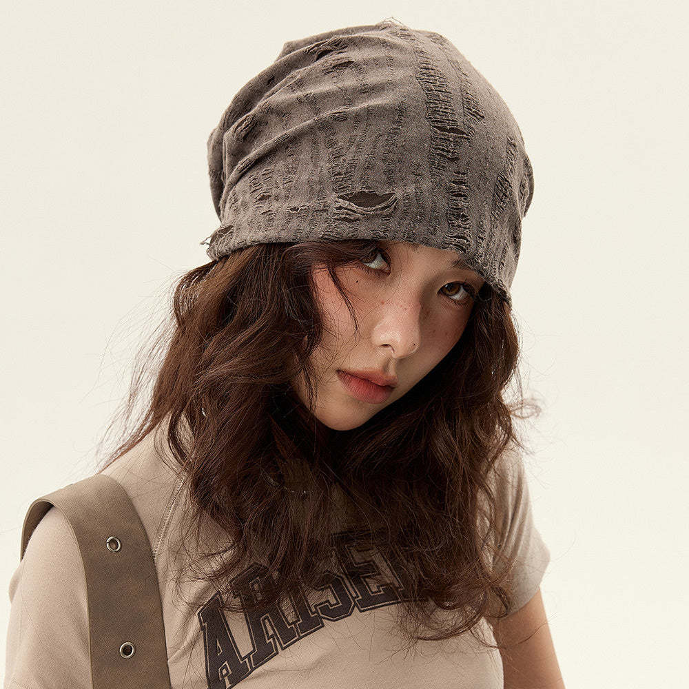 美式復古破洞做舊堆堆帽女咖啡色顯臉小棕色街頭休閒包頭巾冷帽子