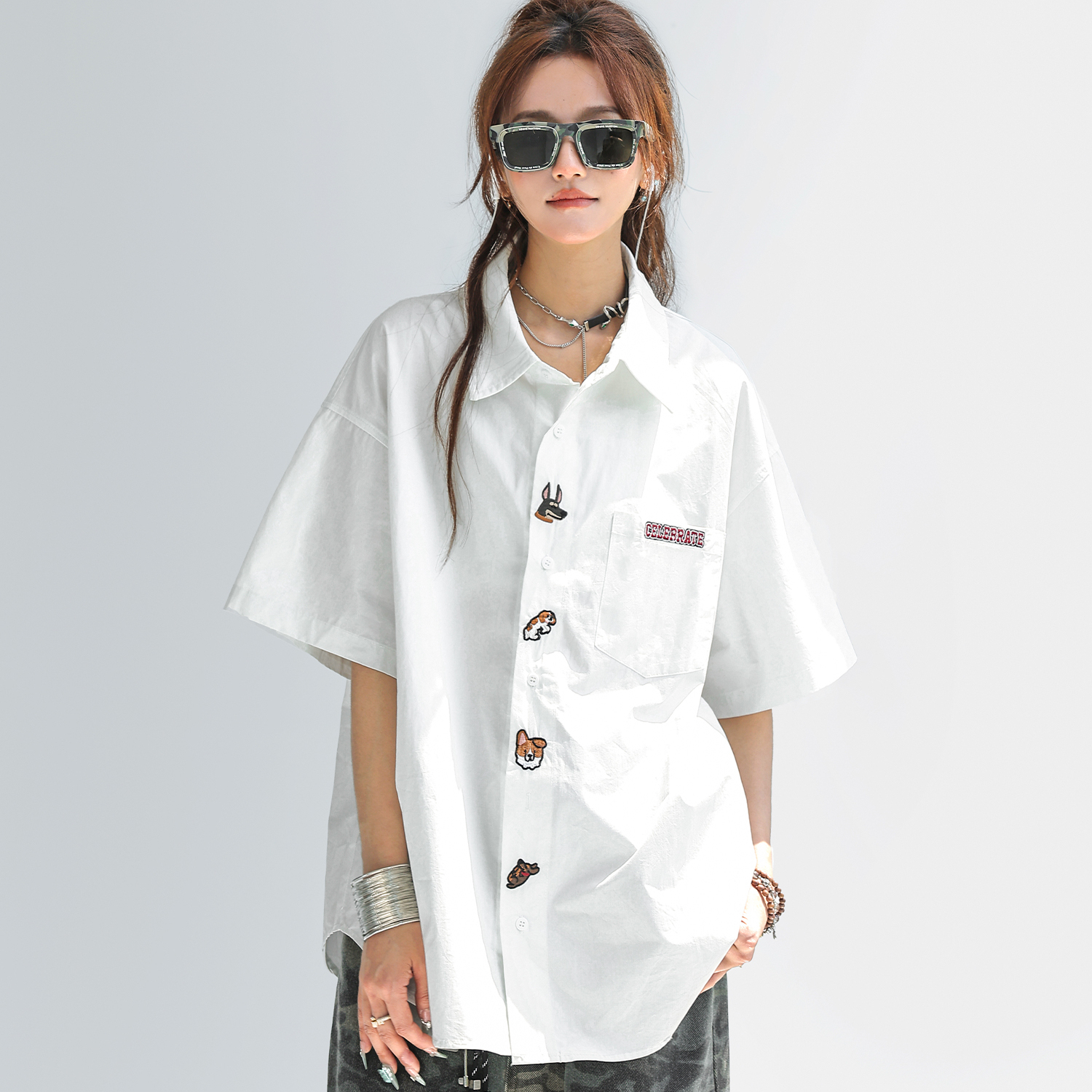 可愛小狗刺繡短袖襯衫女夏季輕薄防曬襯衣外搭開衫