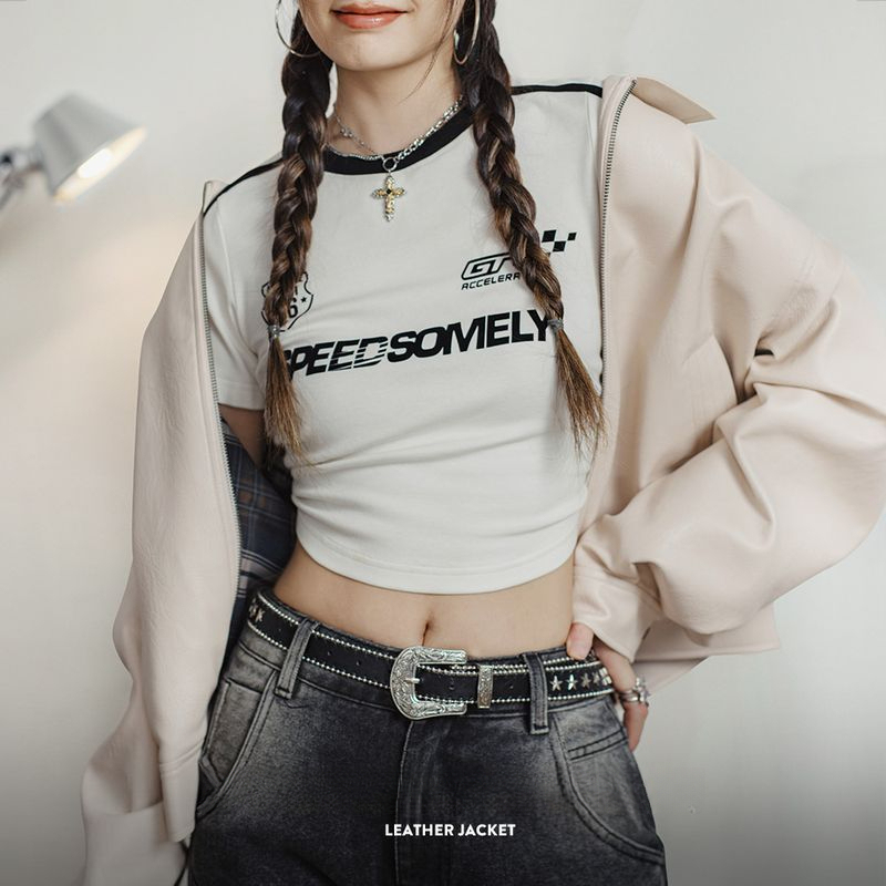 馬登女裝 美式復古米白色皮衣外套寬鬆機車短款夾克通勤外套上衣春秋女