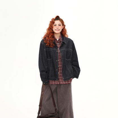 美式復古丹寧原色短款牛仔外套女秋冬寬鬆百搭夾克上衣