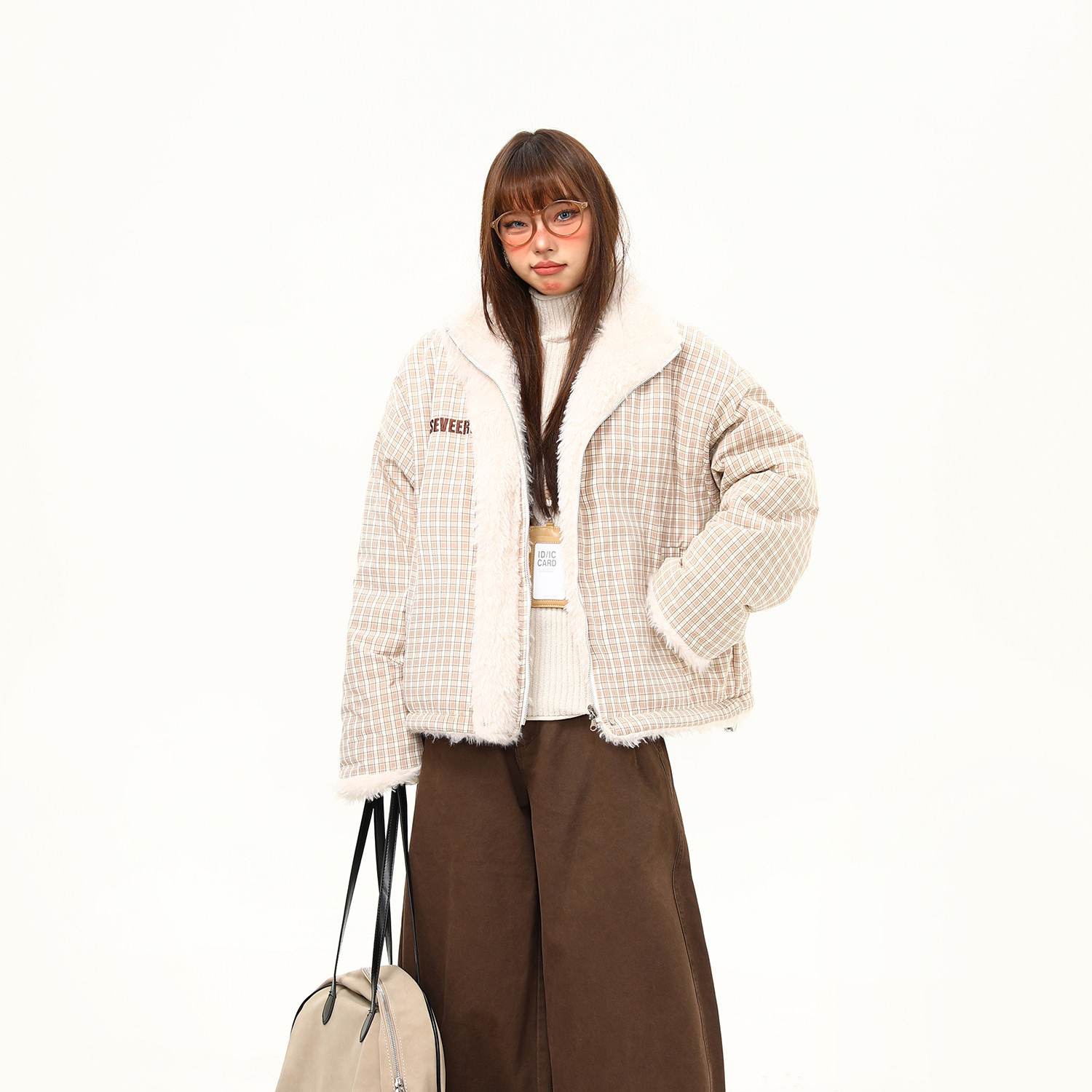 美式復古雙面穿格子棉服外套女冬季新款加絨百搭寬鬆棉襖