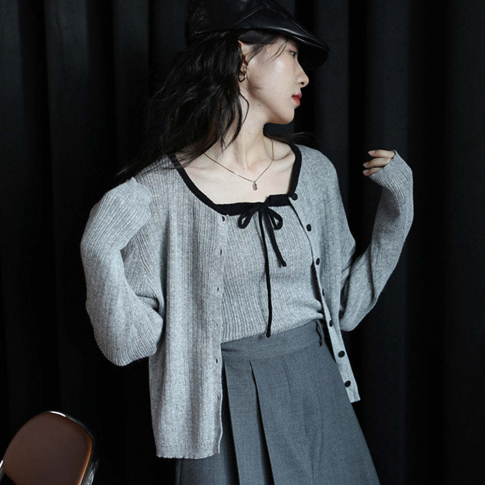 針織設計感開衫外套灰色兩件套小衫秋季新款小眾復古上衣