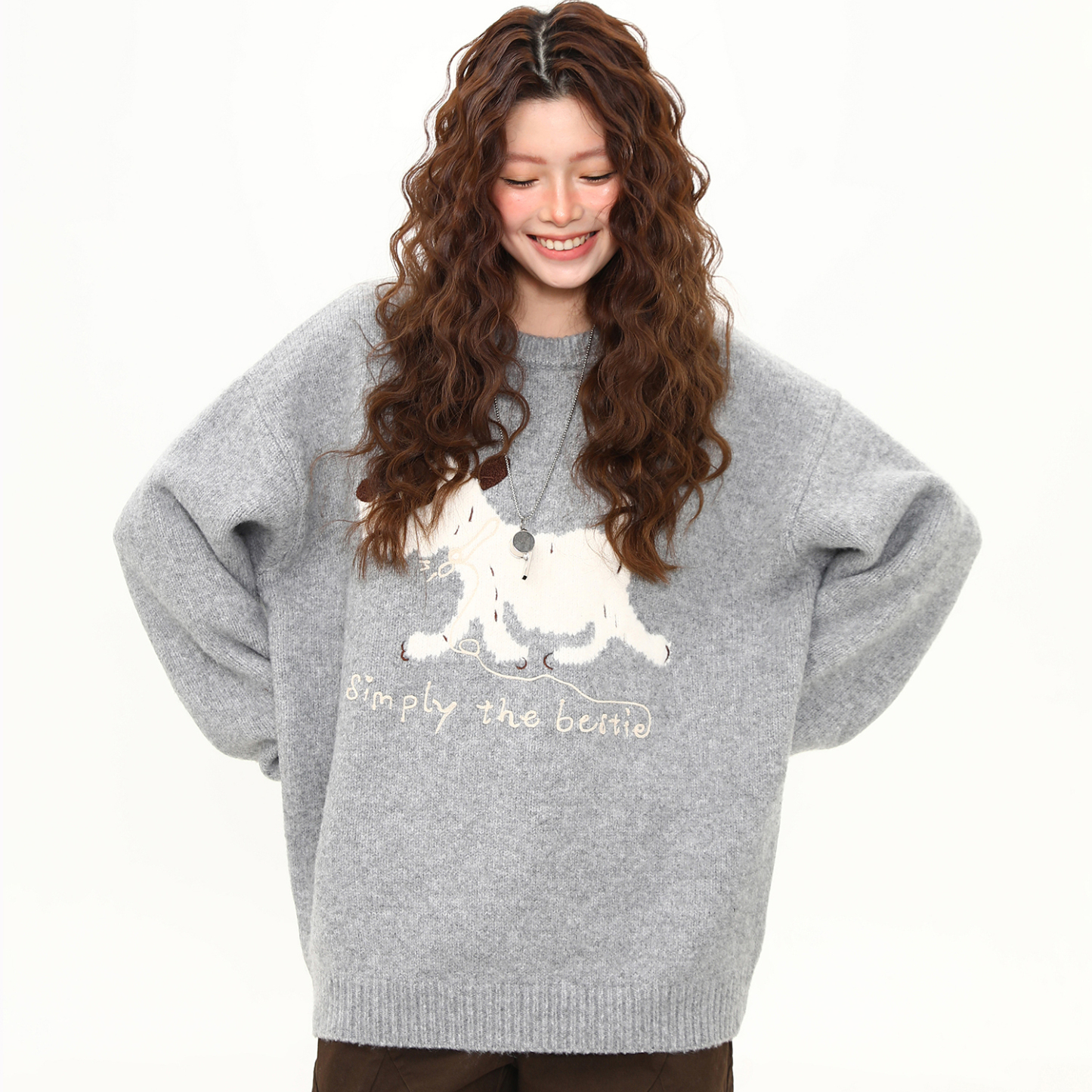 小狗刺繡圓領軟糯毛衣女秋冬慵懶風寬鬆復古針織衫上衣