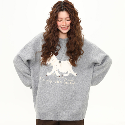 小狗刺繡圓領軟糯毛衣女秋冬慵懶風寬鬆復古針織衫上衣