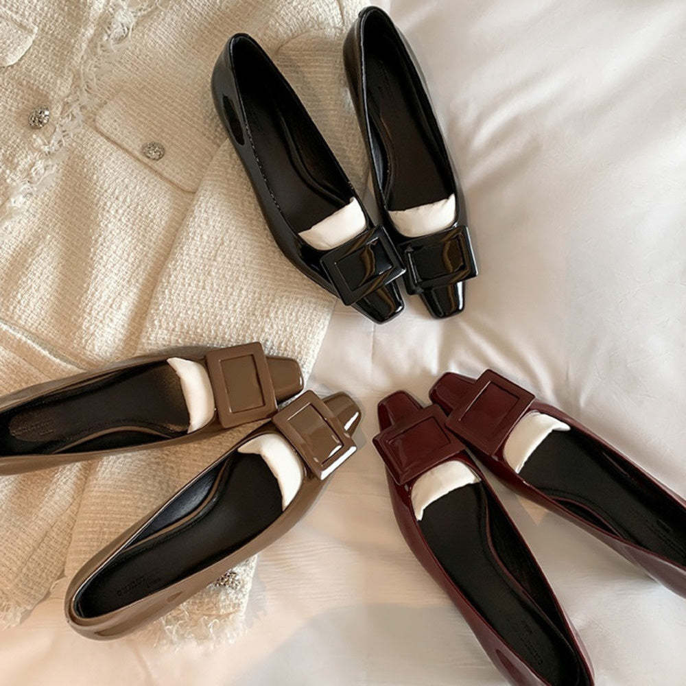 法式真皮方頭方扣小猫跟單鞋女ol通勤鞋