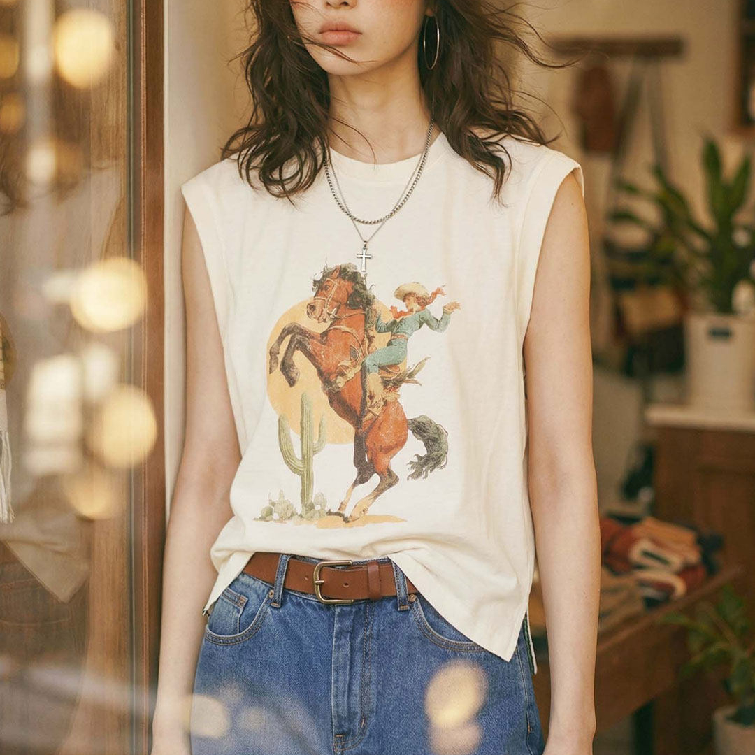 美式復古薄款西部風印花無袖坎肩T恤背心馬甲上衣女士夏外穿