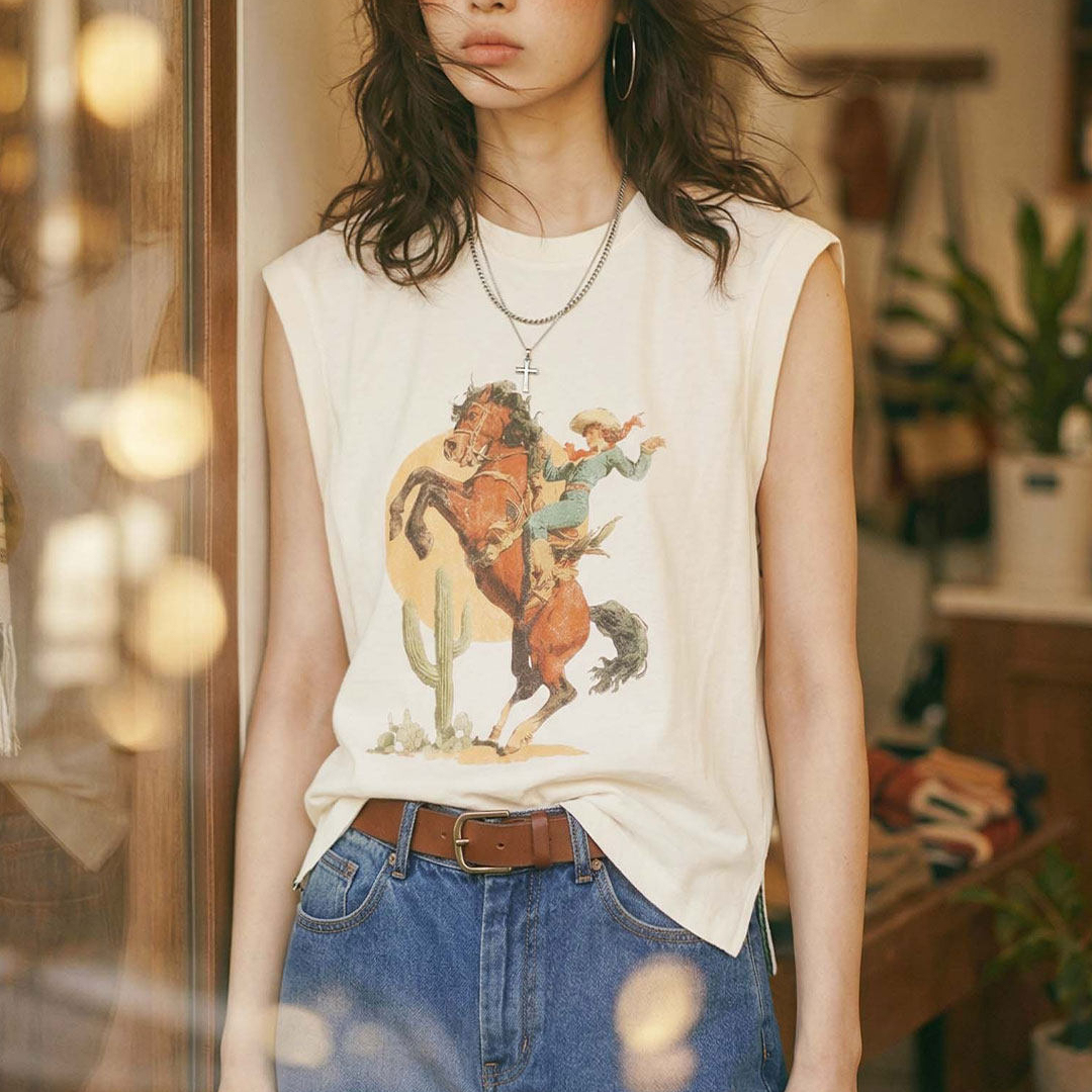 美式復古薄款西部風印花無袖坎肩T恤背心馬甲上衣女士夏外穿