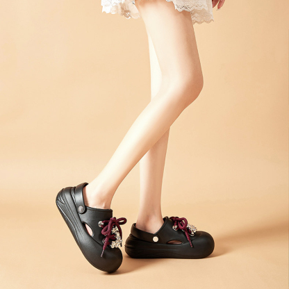 松糕厚底洞洞鞋女夏季新款水鑽蝴蝶結沙灘凉鞋包頭醜萌女拖鞋