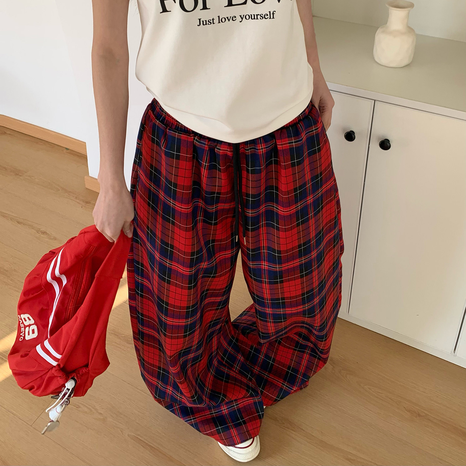 美式復古紅色格紋休閒褲子女寬鬆直筒闊腿格子褲潮流百搭