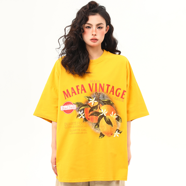 美式復古橘子印花薑黃色短袖T恤女夏季氛圍感穿搭半袖tee
