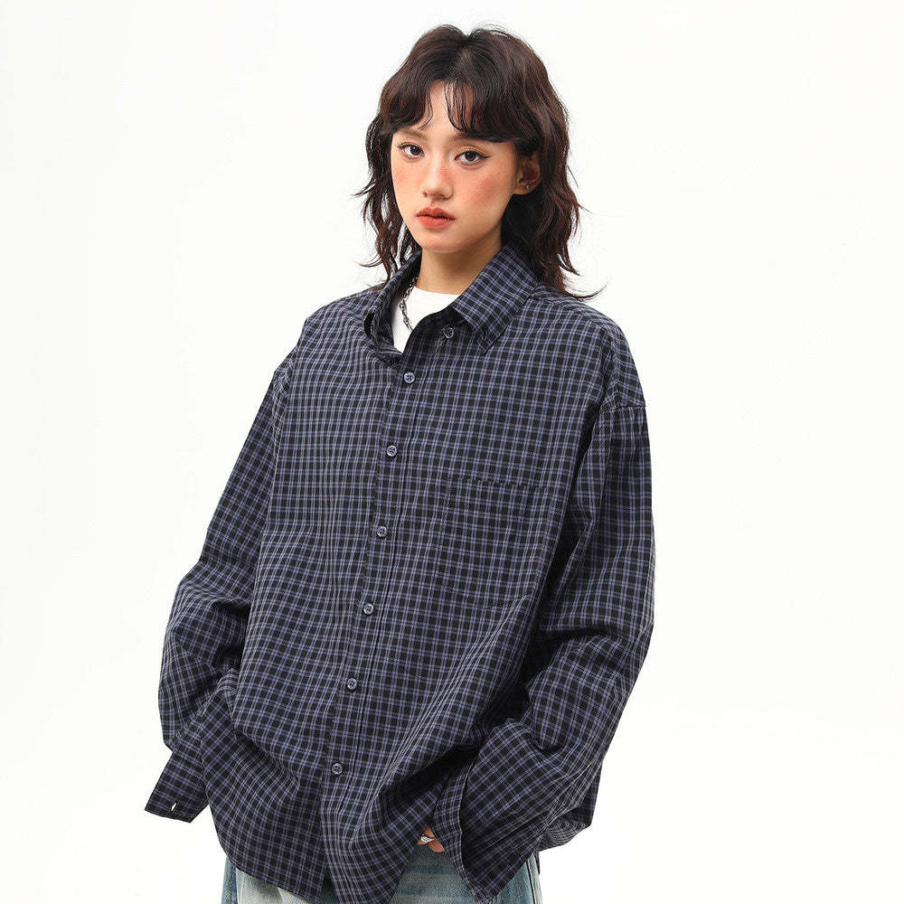 美式復古高級感藍色格子襯衫女寬鬆休閒百搭外穿襯衣