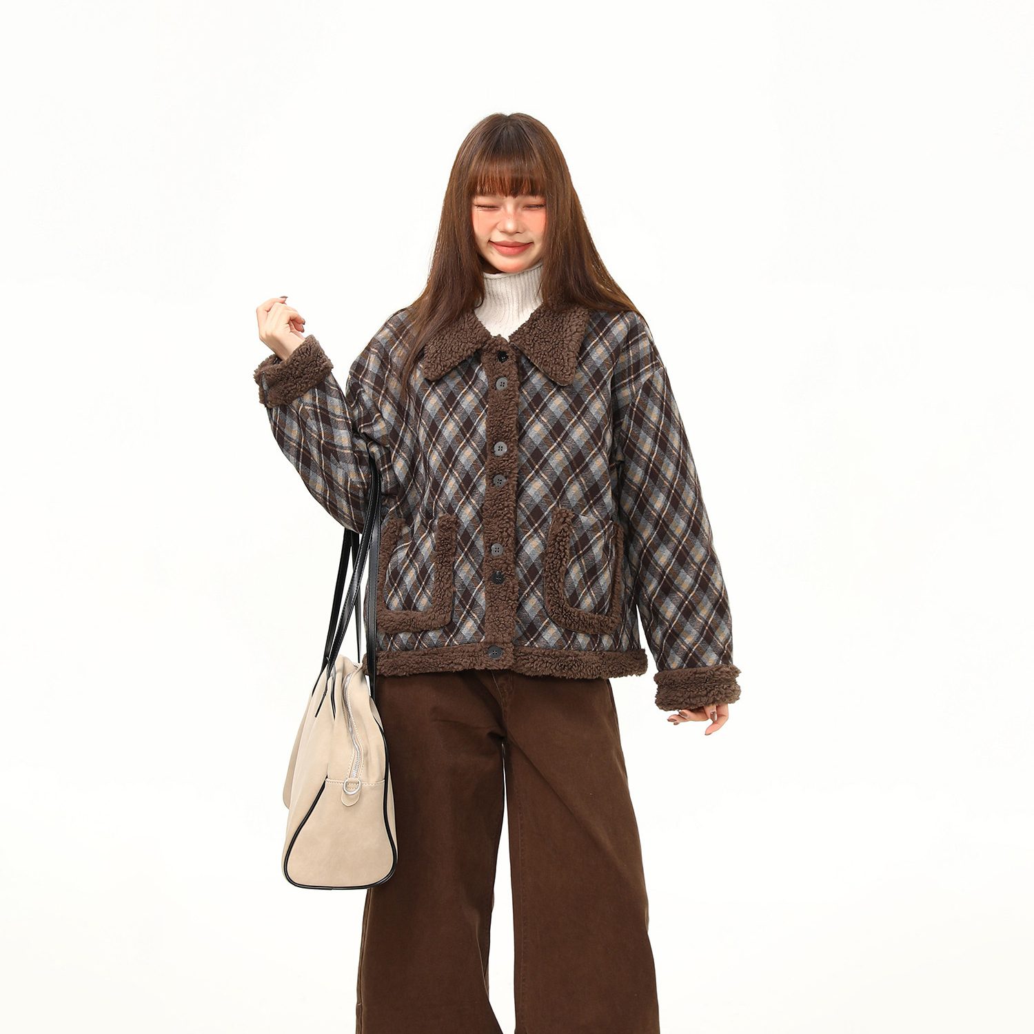 羊羔絨拼接格紋高級感外套女冬季新款復古短款翻領棉服