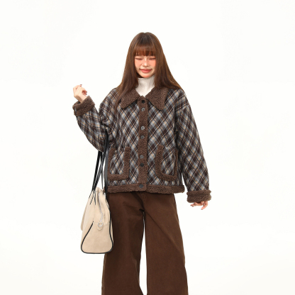 羊羔絨拼接格紋高級感外套女冬季新款復古短款翻領棉服