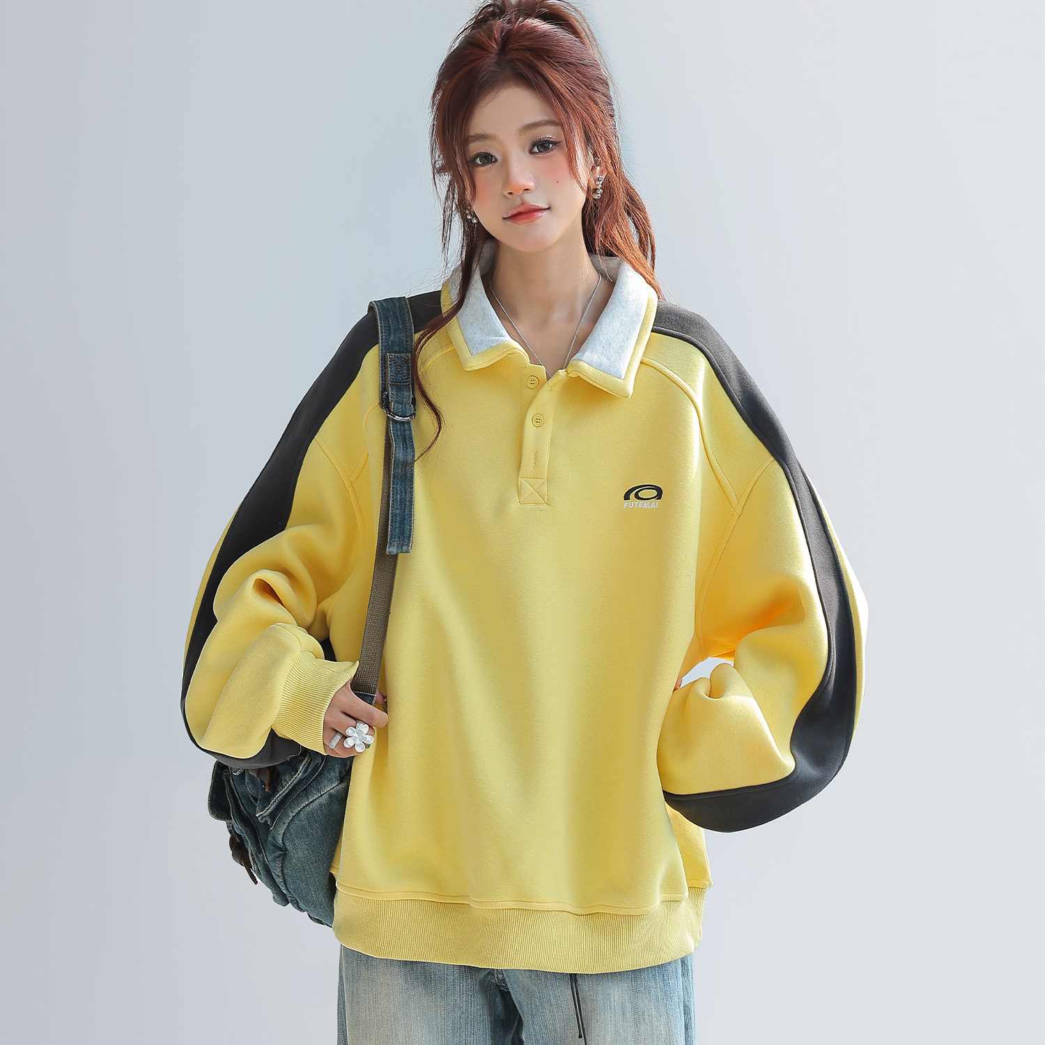 美式慵懶chic拼接翻領衛衣女款新款寬鬆上衣