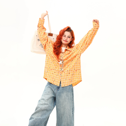 秋季新款滿印星星復古長袖襯衫女設計感黃色格紋襯衣