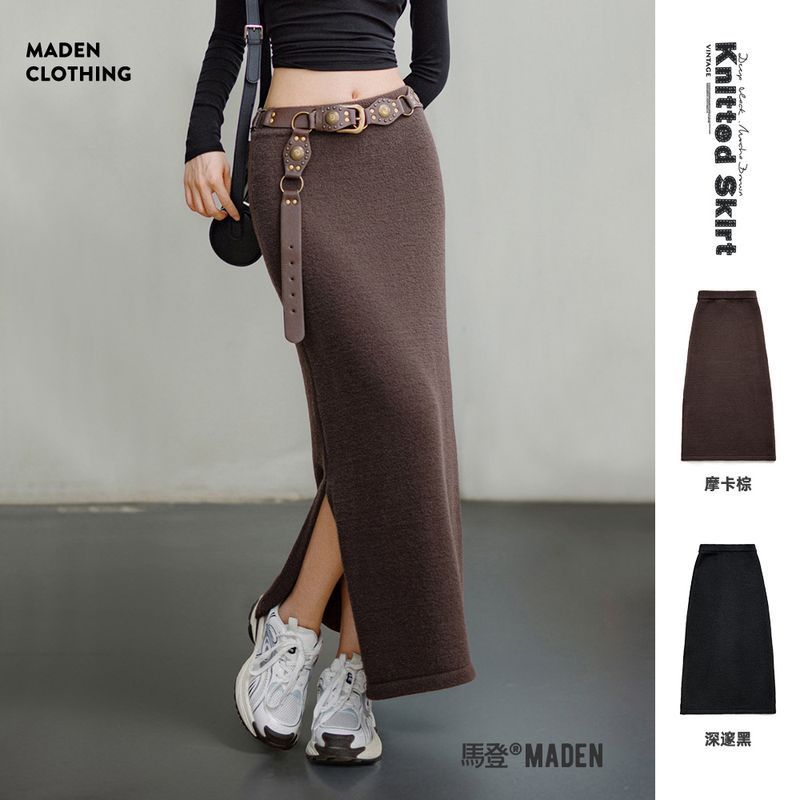 馬登女裝 美式針織半身裙設計感修身顯瘦開叉包臀裙A字一步長裙秋季女