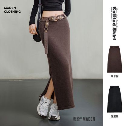 馬登女裝 美式針織半身裙設計感修身顯瘦開叉包臀裙A字一步長裙秋季女