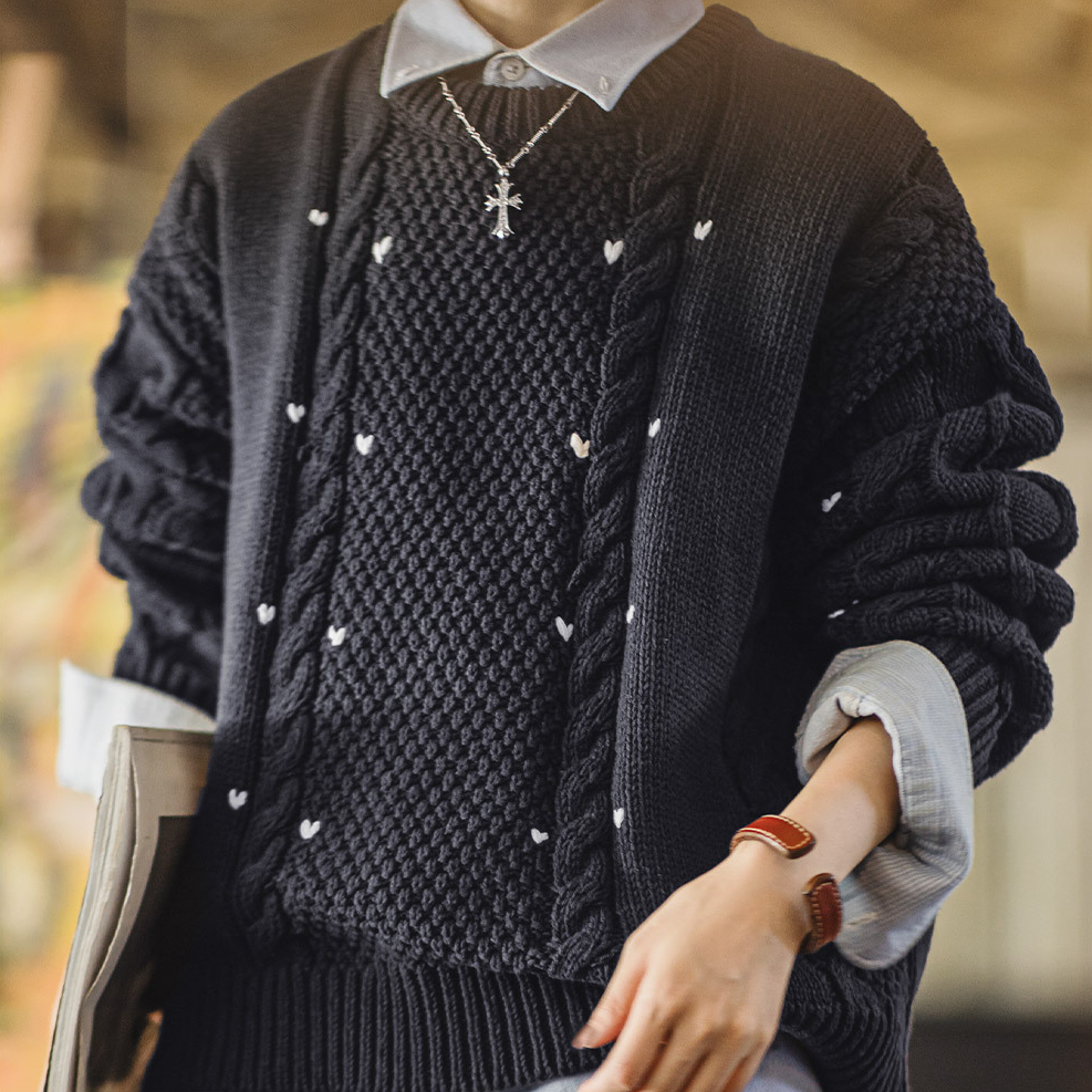 藍色圓領寬鬆加厚保暖套頭外穿粗麻花毛線針織上毛衣女士秋冬