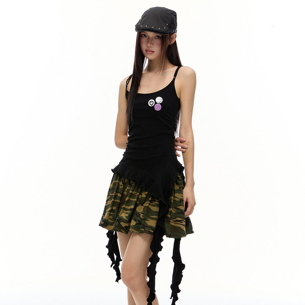 美式復古黑色流蘇飄帶條紋吊帶背心夏季新款辣妹修身顯瘦上衣