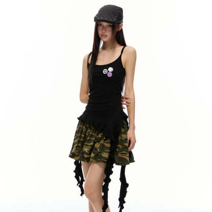 美式復古黑色流蘇飄帶條紋吊帶背心夏季新款辣妹修身顯瘦上衣