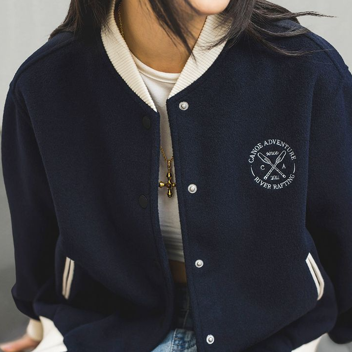 馬登女裝 美式學院風棒球服夾克復古撞色刺繡外套百搭毛呢短上衣春秋女