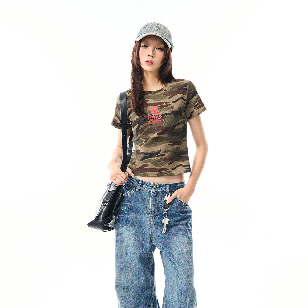 美式復古蛇年燙鑽迷彩正肩短袖t恤女夏季辣妹修身短款上衣