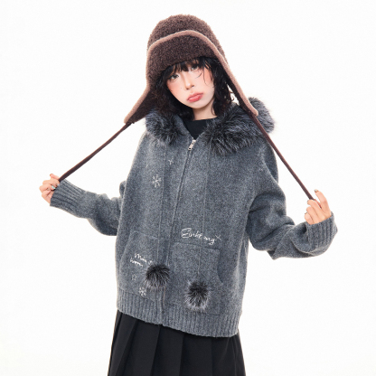 復古雪花刺繡毛領連帽針織開衫外套女冬季慵懶感寬鬆毛衣上衣