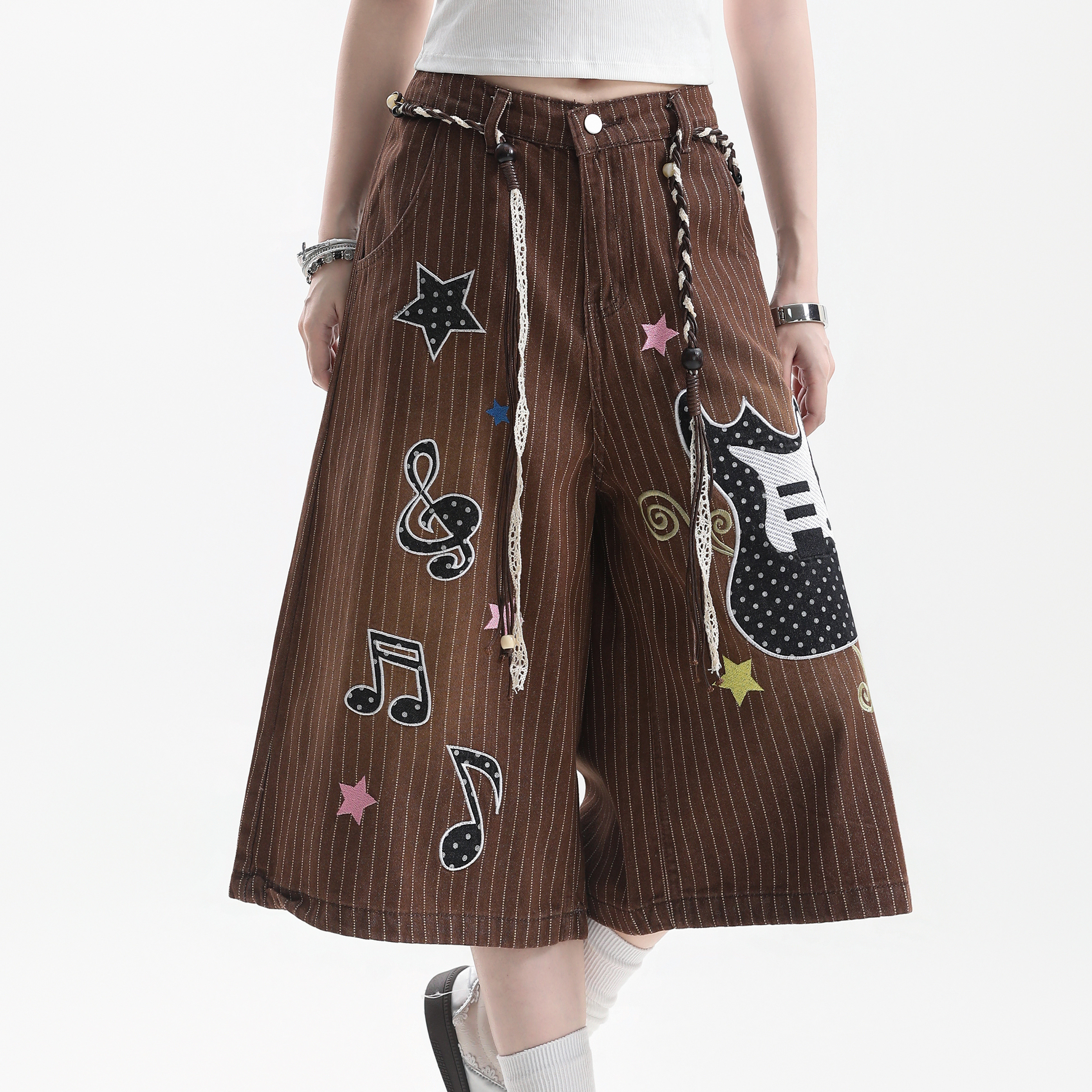 美式潮牌吉他音符刺繡豎條紋七分褲女直筒牛仔短褲子