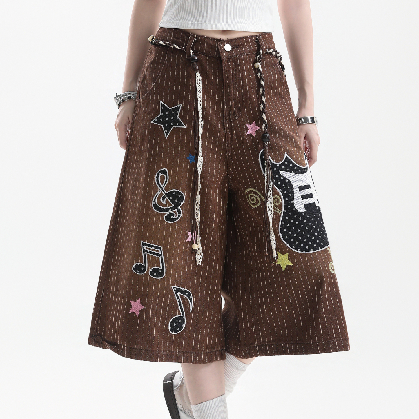 美式潮牌吉他音符刺繡豎條紋七分褲女直筒牛仔短褲子