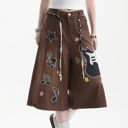 美式潮牌吉他音符刺繡豎條紋七分褲女直筒牛仔短褲子