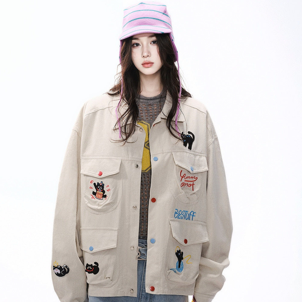 復古設計感工裝外套女春季新款街頭刺繡夾克寬鬆百搭上衣