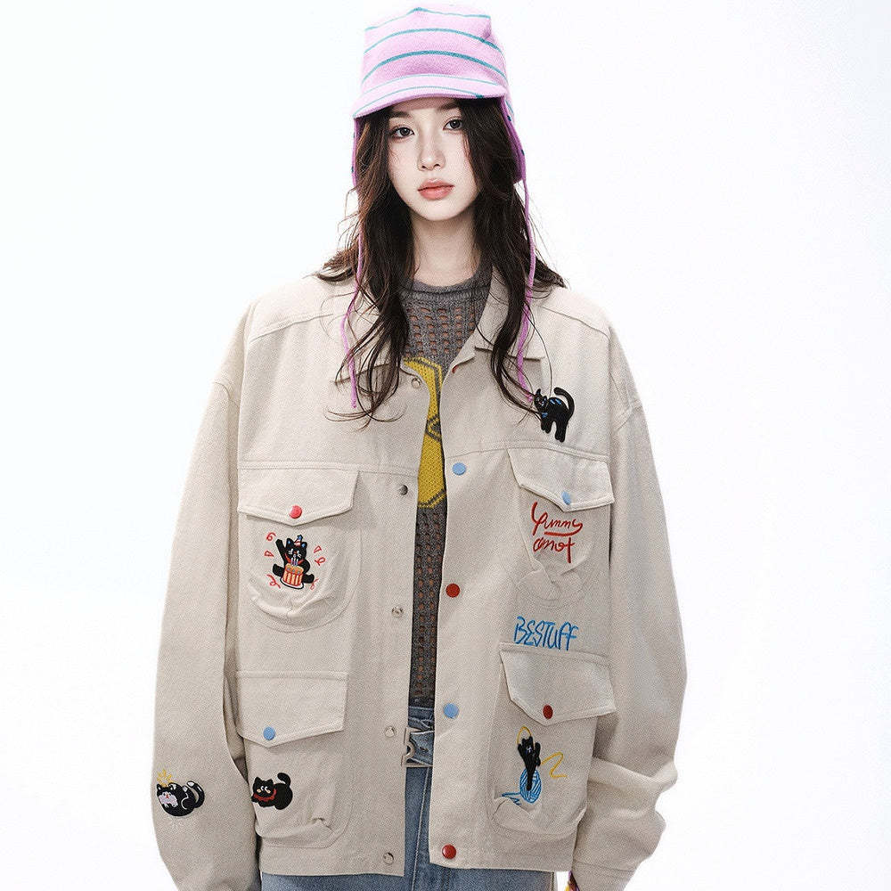 復古設計感工裝外套女春季新款街頭刺繡夾克寬鬆百搭上衣