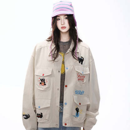 復古設計感工裝外套女春季新款街頭刺繡夾克寬鬆百搭上衣