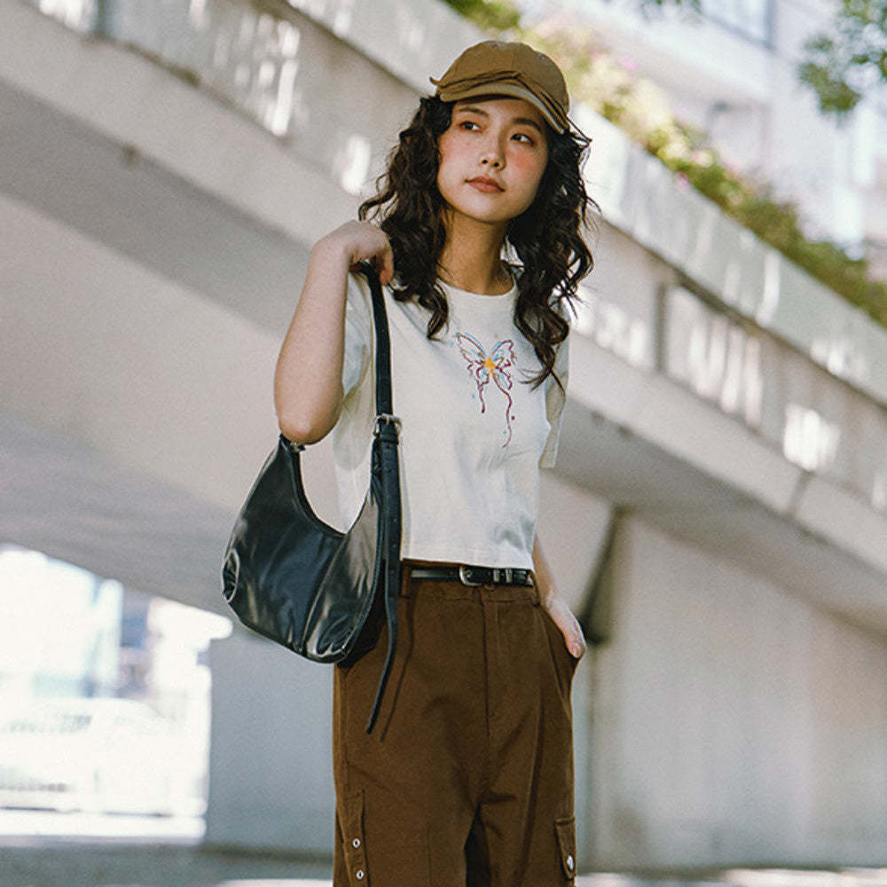 復古正肩短款t恤女圓領寬鬆短袖甜酷打底小個子新款顯瘦上衣