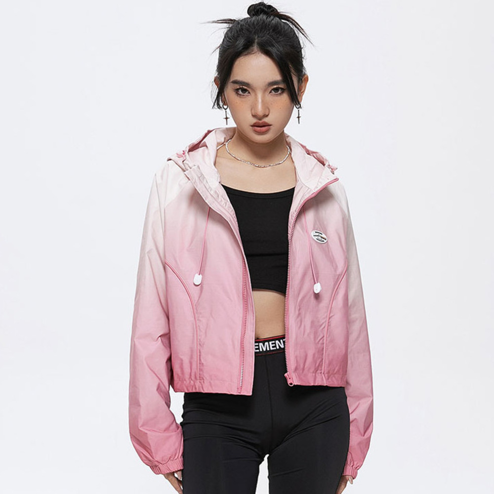 漸變設計感潮牌甜美短款外套女連帽衝鋒衣辣妹粉色短夾克