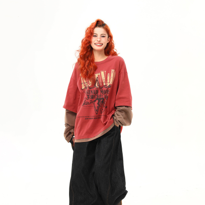 早秋新款美式復古印花假兩件圓領衛衣女百搭上衣