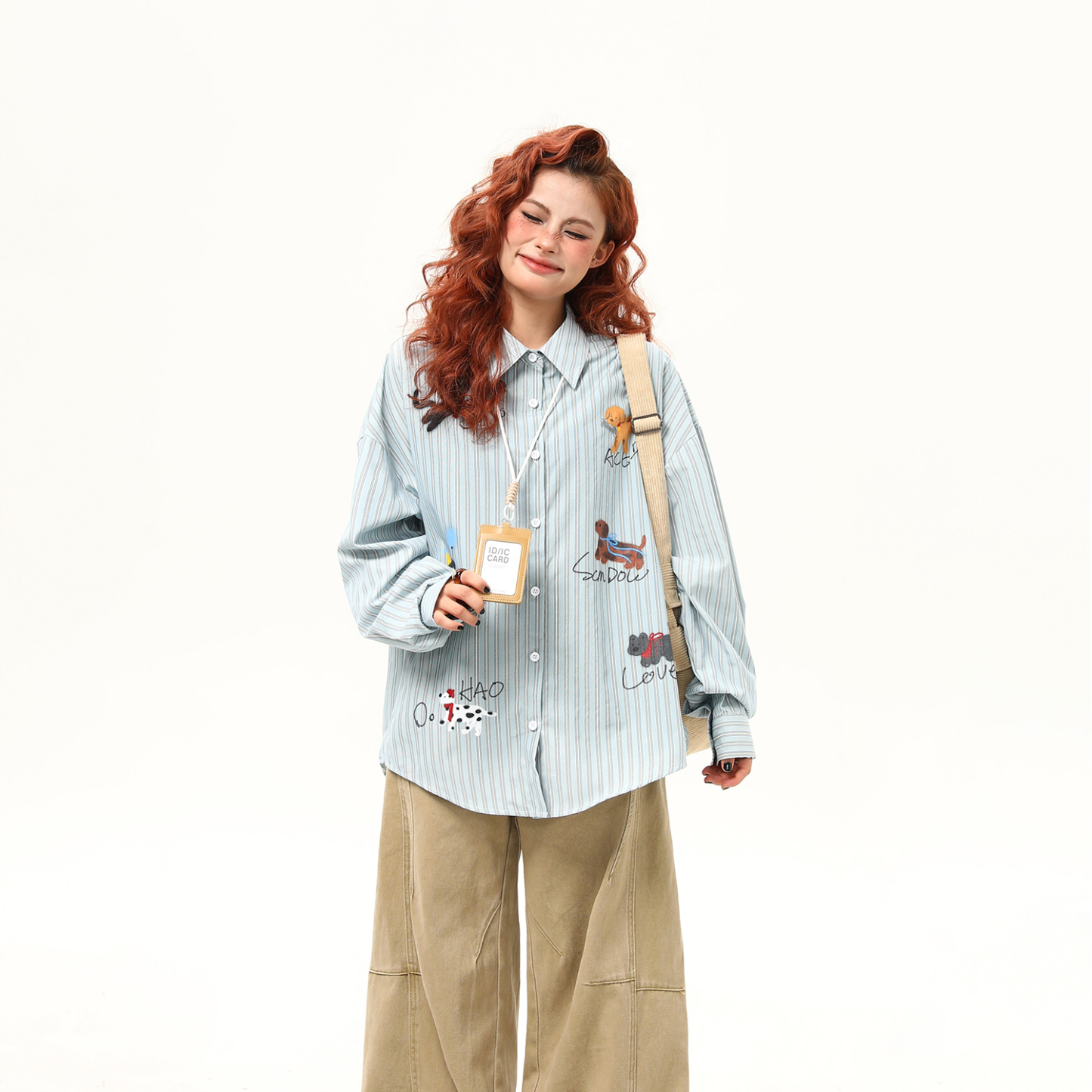 美式復古小狗印花豎條紋長袖襯衫女早秋寬鬆百搭襯衣