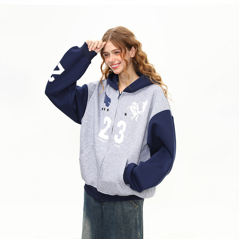 美式復古重磅開衫連帽衛衣女高克重印花潮牌拉鍊外套