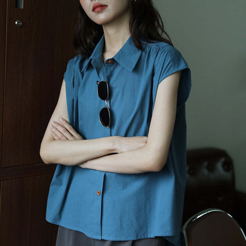 無袖簡約復古設計感短袖襯衫女寬鬆百搭通勤時尚百搭襯衣上衣