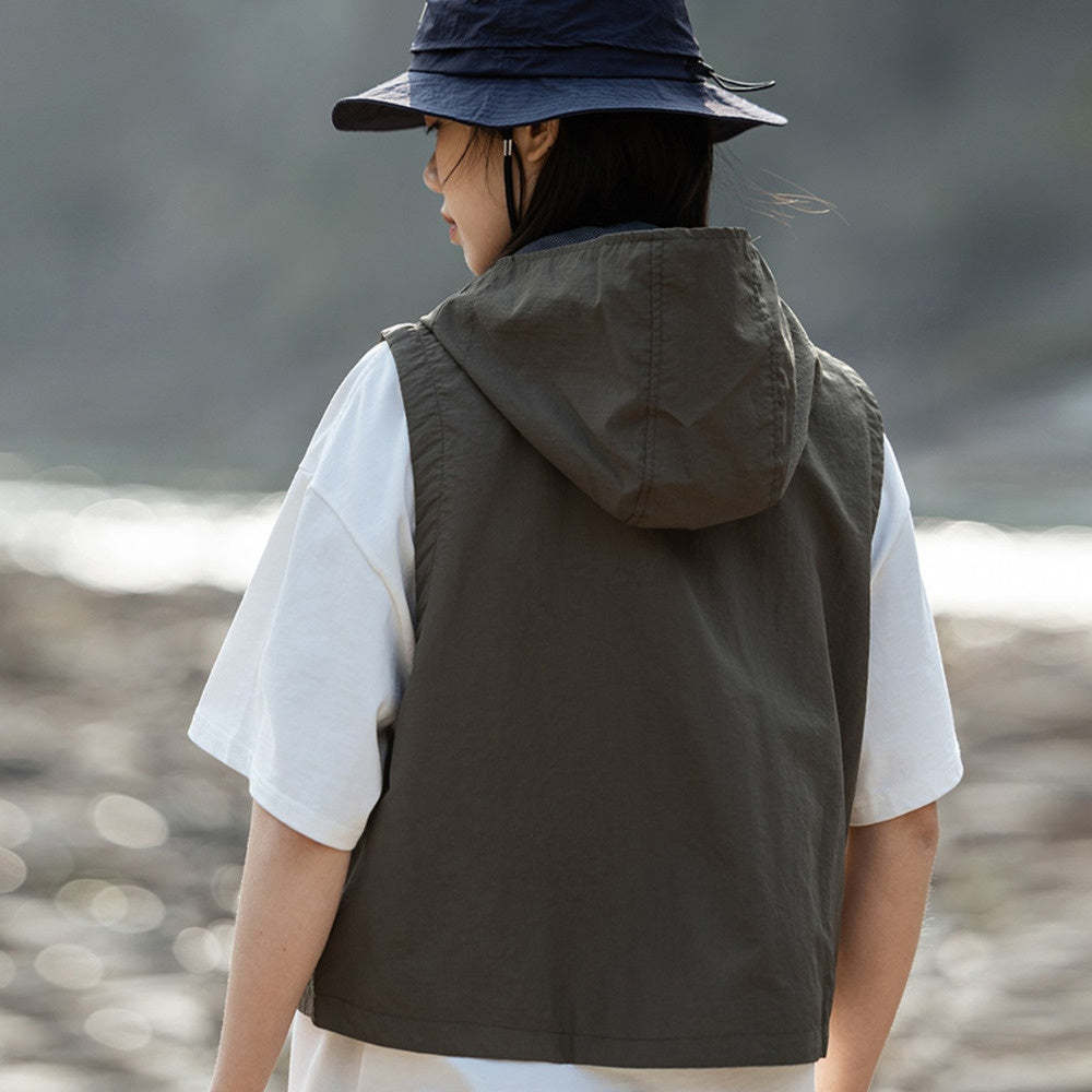 戶外機能立體口袋露營釣魚連帽馬甲女