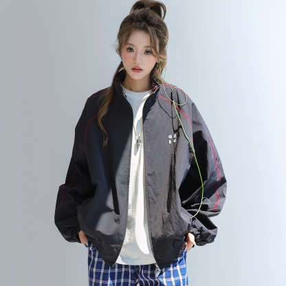 2025新款美式復古撞色拼接寬鬆立領休閒夾克女