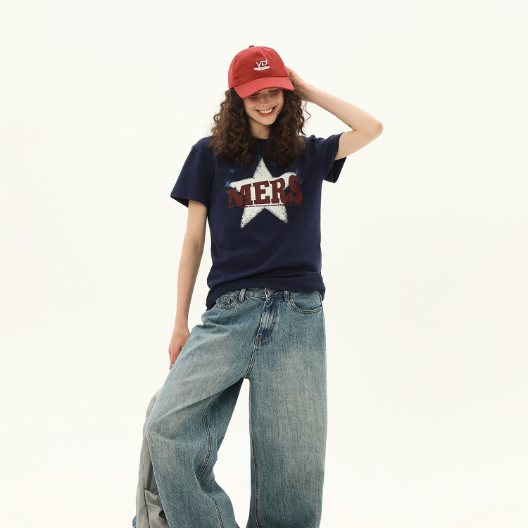 正肩T恤女美式復古星星印花夏季設計感短款寬鬆短袖上衣